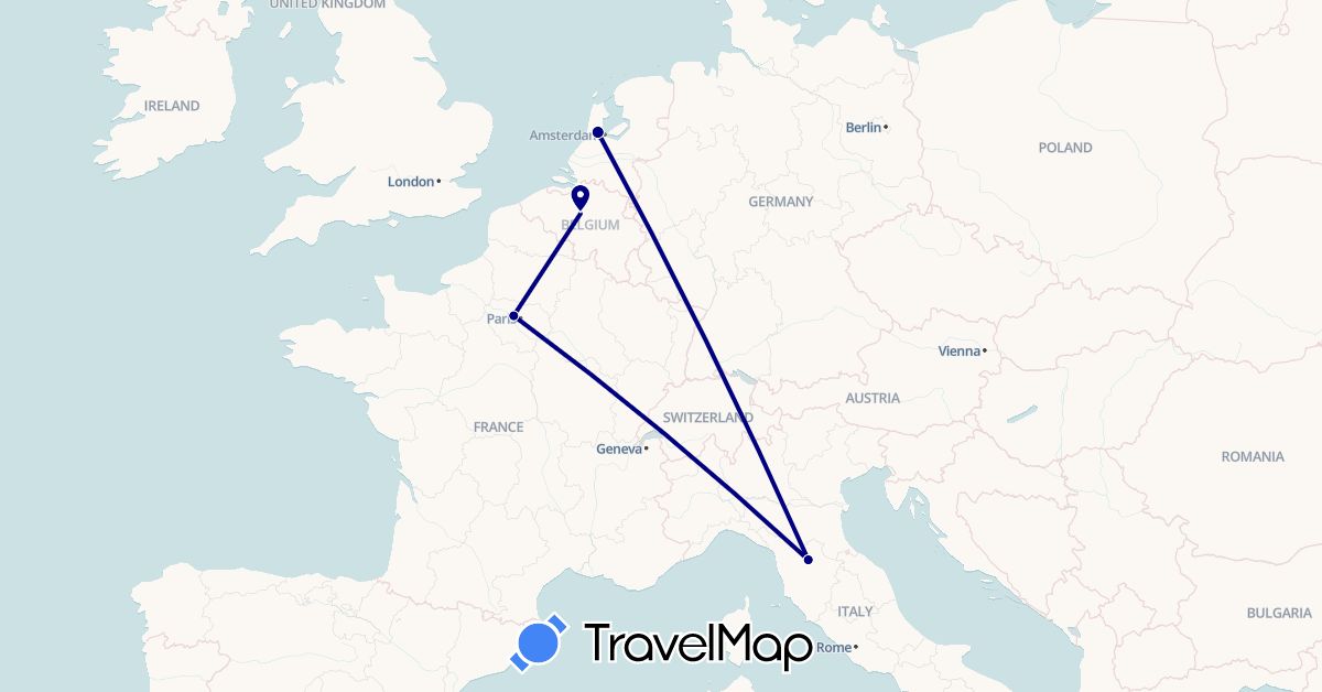 TravelMap itinerary: driving in Belgium, France, Italy, Netherlands (Europe)